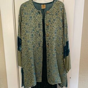 Vintage URU Green, Blue and Gold Silk Brocade Jacket and Green Velvet Maxi Dress